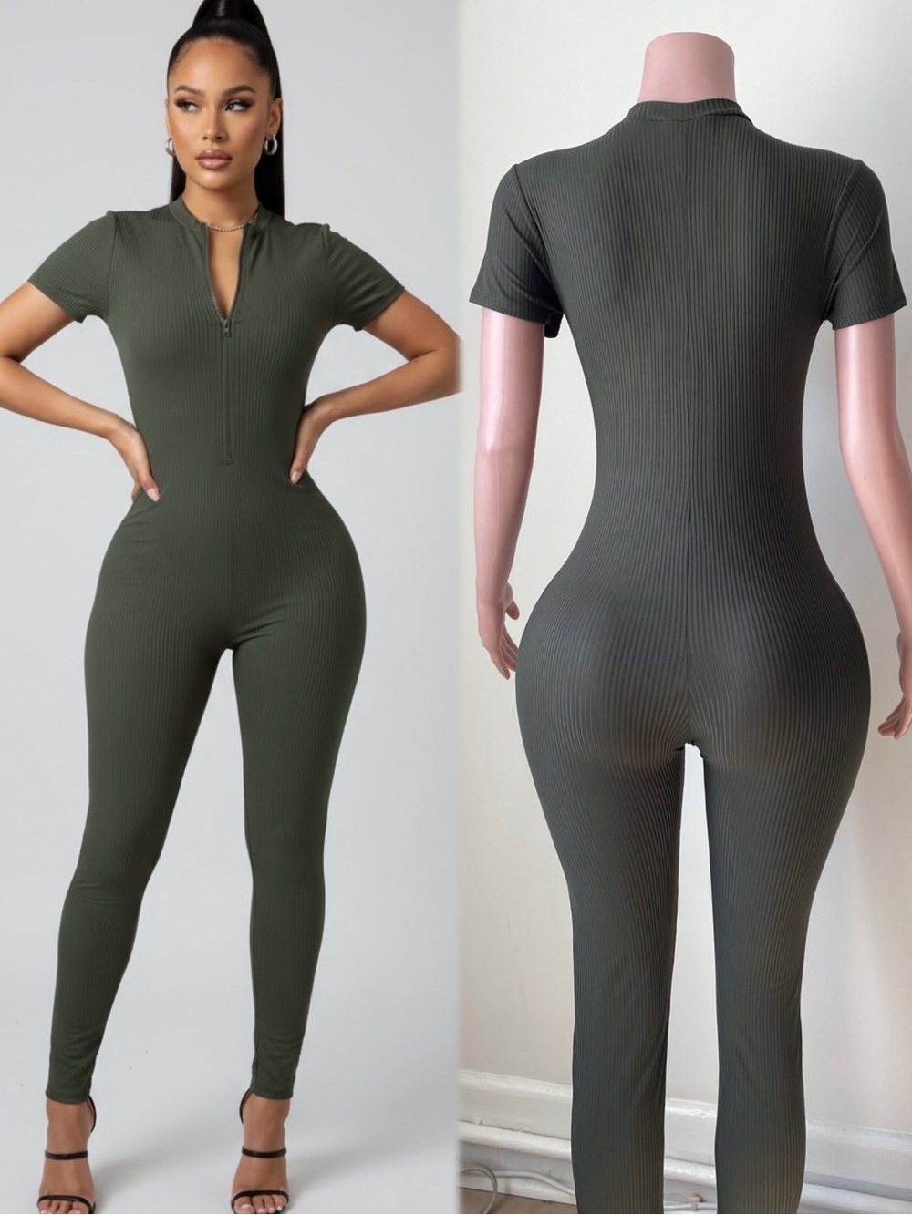 Ribbed Short-Sleeve Zip Jumpsuit